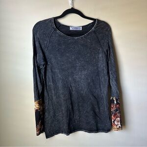 Able Mineral Wash Black Long Sleeve Top Floral Sleeve Details Med Lightweight